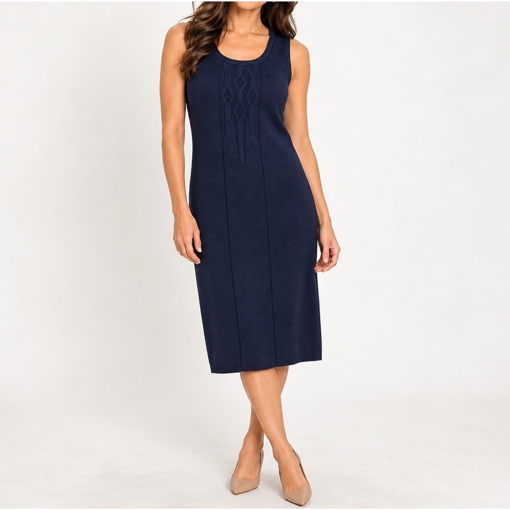 St John Sport Navy Wool Blend Cable Knit Sleeveless Midi Dress L